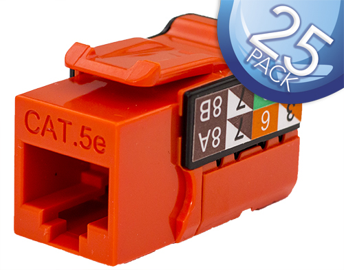 CAT5E Data Grade Keystone Jack – 25 Pack, RJ45, 8×8, Orange.