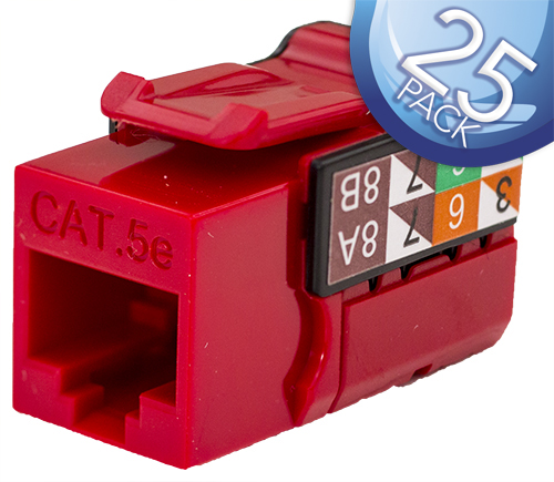CAT5E Data Grade Keystone Jack – 25 Pack, RJ45, 8×8, Red.