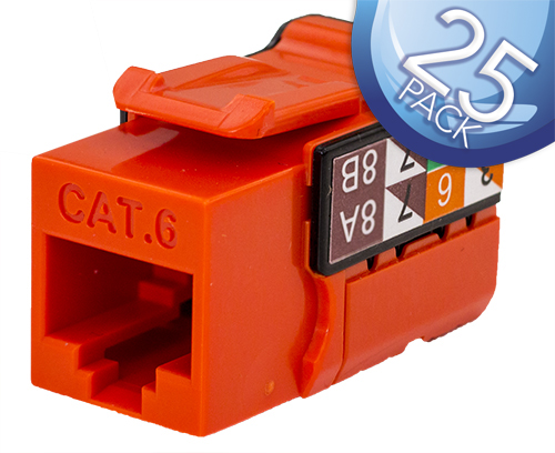 CAT6 Data Grade Keystone Jack – 25 Pack, RJ45, 8×8, Orange.