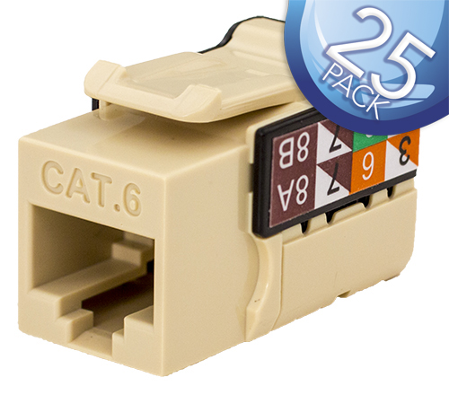 CAT6 Data Grade Keystone U-Jack – 25 Pack, RJ45 90° 8×8 Ivory.