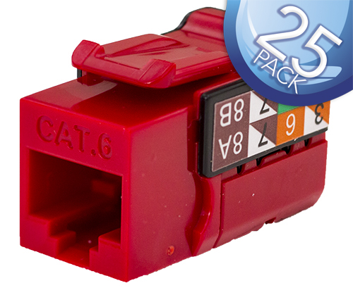 CAT6 Data Grade Keystone Jack – 25 Pack, RJ45, 8×8, Red.